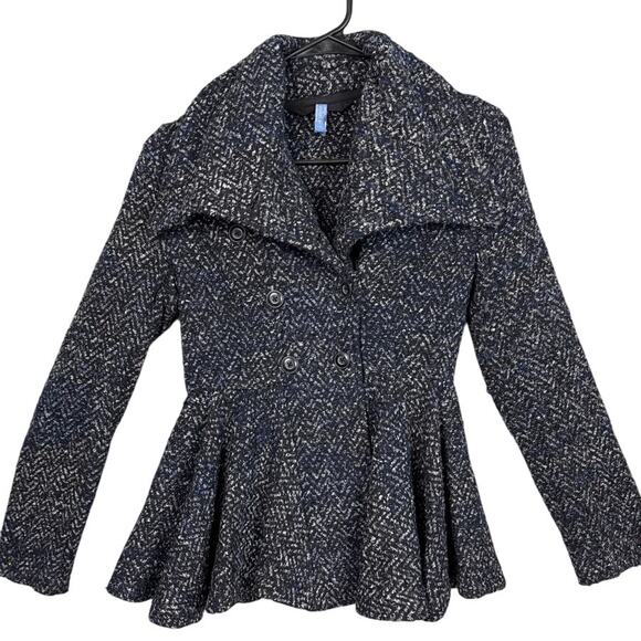 Free People Tweed Patricia Peplum Peacoat Navy Black White Size 2 Boho Chic - Picture 1 of 8
